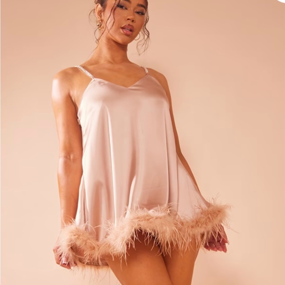 Champagne Satin Diamante Strap Feather Trim Shift Dress